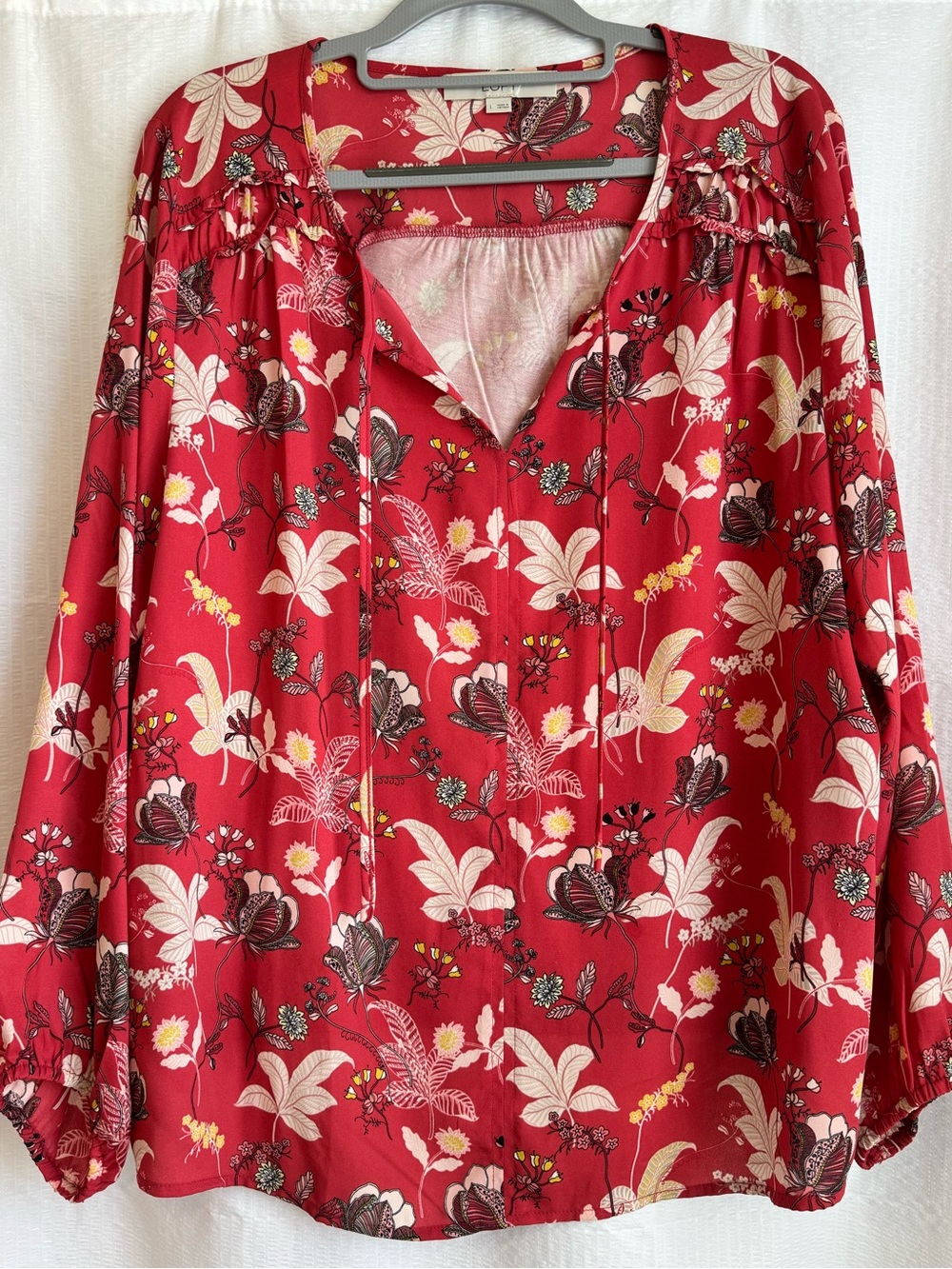 LOFT Soft Red Floral Tie-Neck Peasant Blouse - Picture 2 of 10